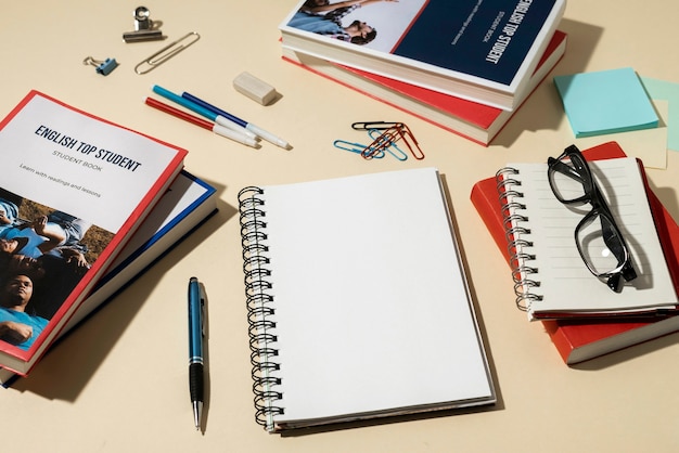 Libro de inglés descansando sobre la mesa del espacio de trabajo.