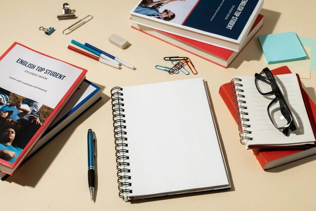 Libro de inglés descansando sobre la mesa del espacio de trabajo.