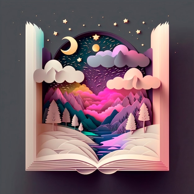 Libro mágico de cuentos de hadas de colorido paisaje de montaña en la noche