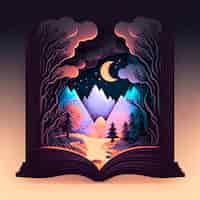 Foto gratuita libro mágico de cuentos de hadas de colorido paisaje de montaña en la noche