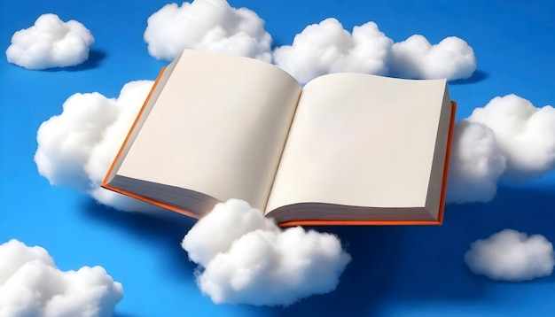 Libro realista con nubes en el fondo azul