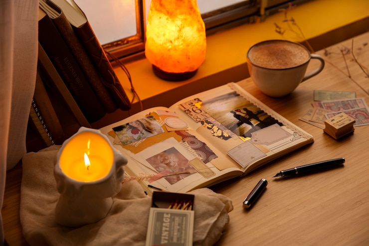 Foto gratuito libro de recortes con una variedad de decoraciones para el hogar