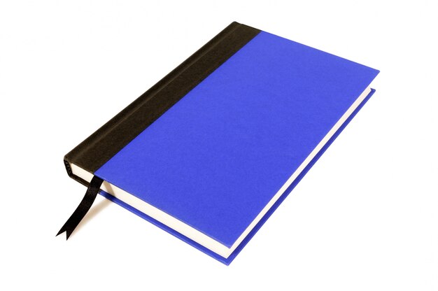 Libro de tapa dura azul y negro con marcapáginas