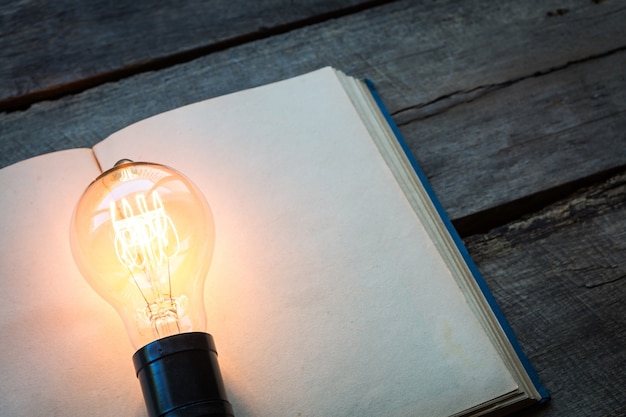 libro de la vendimia y la bombilla de luz en la mesa de madera