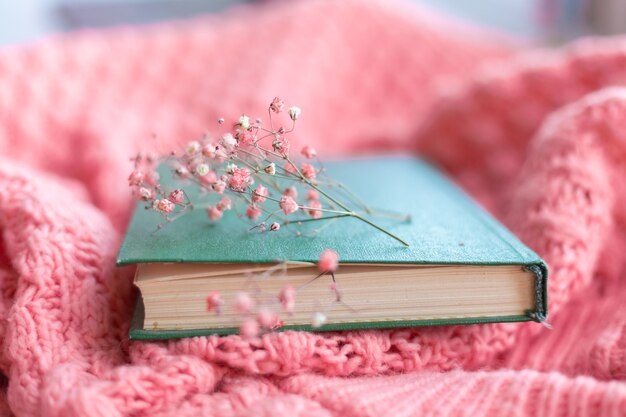 Libro verde con flores secas en un suéter de punto cálido rosa