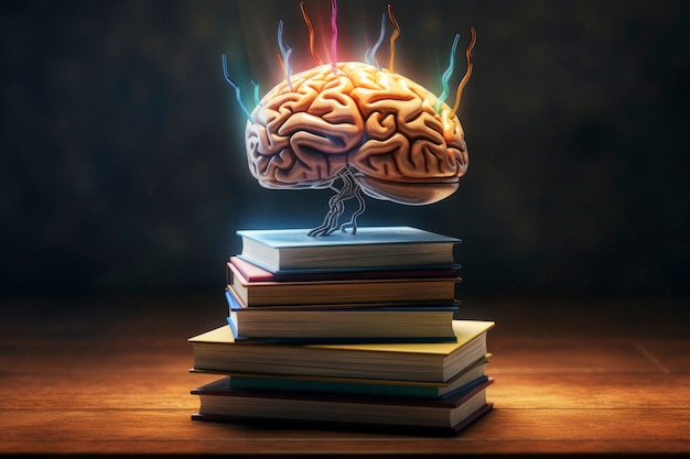 Foto gratuita libros con cerebro en estilo de arte digital para el día de la educación