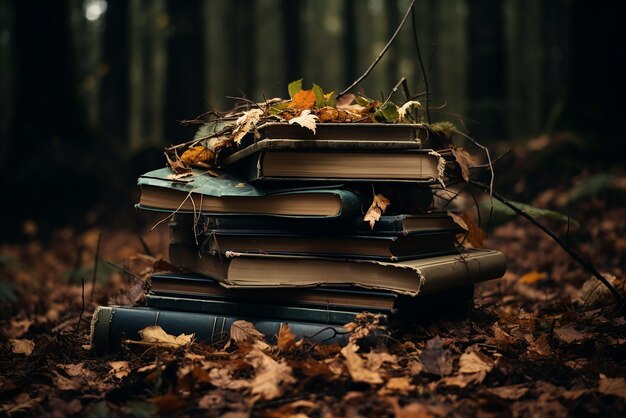 Libros colocados sobre hojas en el bosque de otoño.