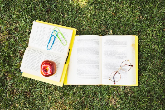 Foto gratuita libros con gafas y manzana sobre hierba