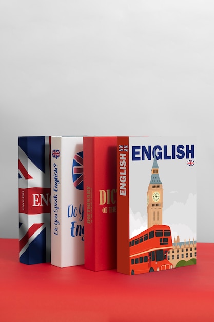 Libros ingleses con fondo blanco.