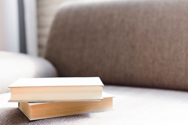 Foto gratuita libros de primer plano en un cómodo sofá