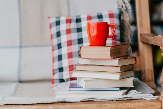 Libros y taza en el sofá