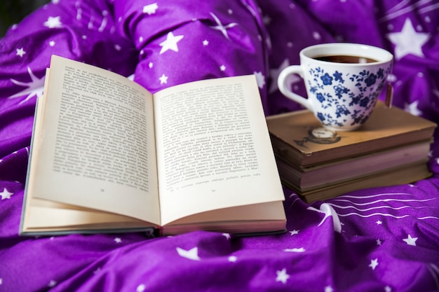 Foto gratuita libros y té en manta