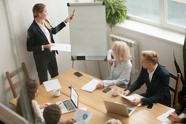 Líder empresaria dando una presentación que explica los objetivos del equipo en la reunión del grupo