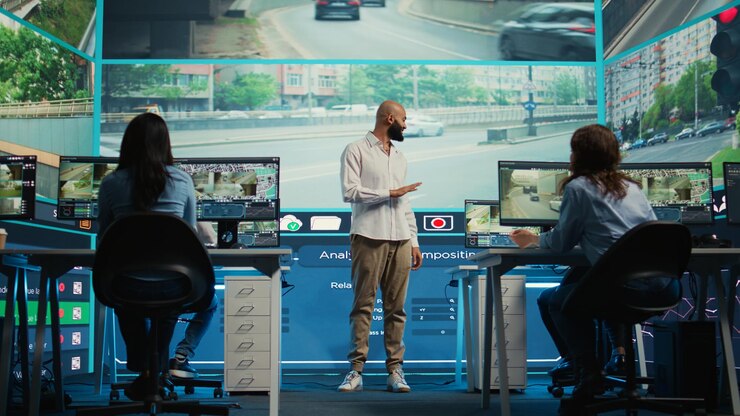Foto gratuito líder de equipo asignando tareas a sus empleados en una sala de monitoreo