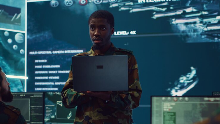 Foto gratuito el líder de la unidad de infantería examina grandes datos en una pantalla en la sala de monitoreo militar