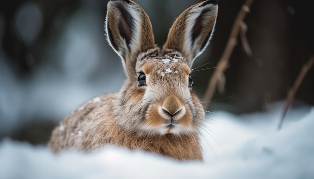 La liebre esponjosa se sienta en un lindo retrato de nieve generado por IA