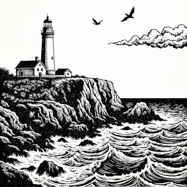 Lighthouse on a cliffside with birds flying over the ocean