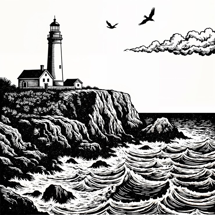 Foto gratuito lighthouse on a cliffside with birds flying over the ocean