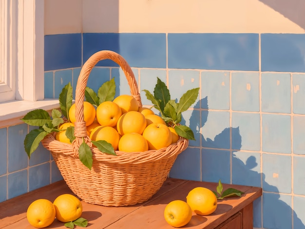 Limones en una canasta de mimbre en una mesa de madera