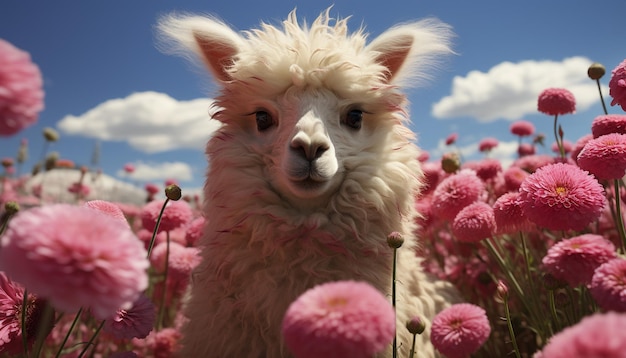 Foto gratuita linda alpaca y cordero pastando disfrutando de la belleza de la naturaleza generada por la inteligencia artificial