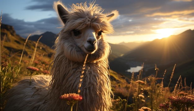 Foto gratuita linda alpaca pastando en una granja disfrutando del prado de verano generado por la inteligencia artificial