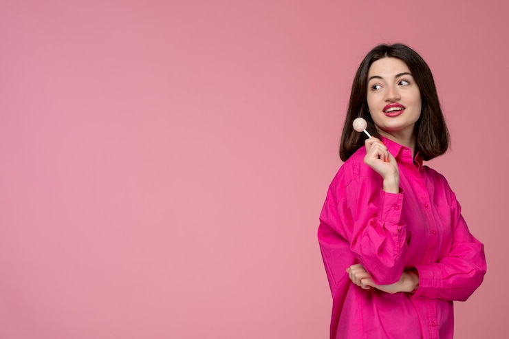 Foto gratuito linda chica bastante adorable chica en camisa rosa con lápiz labial rojo soñando con piruleta blanca