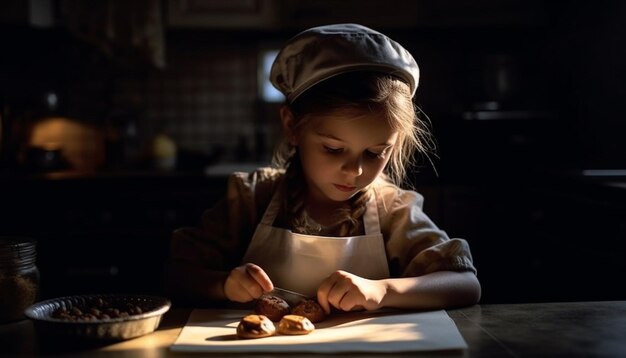 Linda chica caucásica horneando galletas en la cocina generada por IA