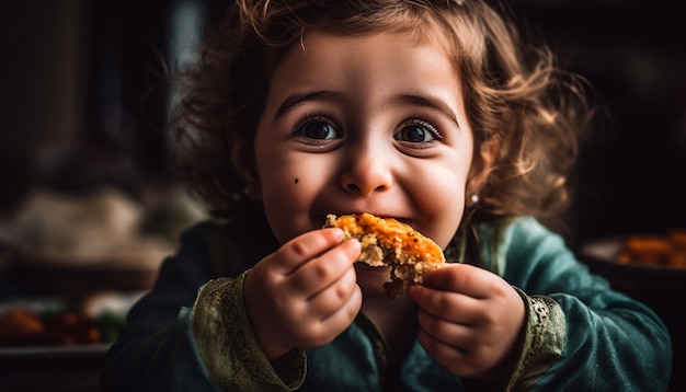 Linda chica caucásica sonriendo mientras come una galleta de chocolate generada por IA