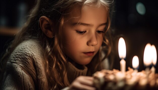 Foto gratuita una linda chica caucásica sonriendo sosteniendo una vela encendida en el interior generada por inteligencia artificial