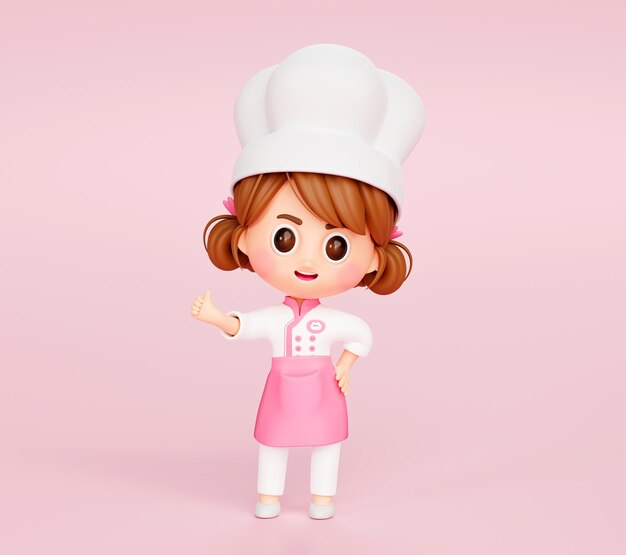 Linda chica chef en uniforme mostrando los pulgares hacia arriba signo logotipo del personaje de la mascota del restaurante sobre fondo rosa dibujos animados de ilustración 3d