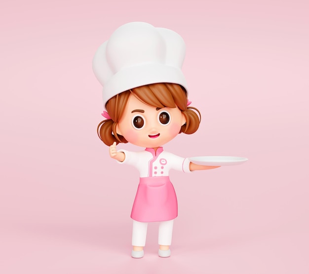 Linda chica chef en uniforme mostrando los pulgares hacia arriba y sosteniendo el logotipo del personaje de la mascota del restaurante de la placa vacía en dibujos animados de ilustración 3d de fondo rosa