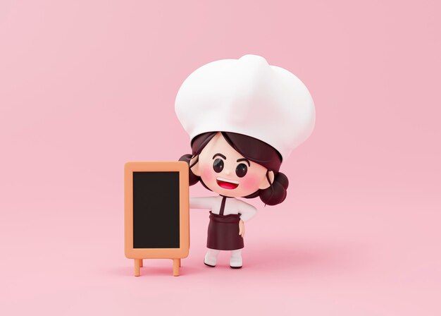 Linda chica chef en uniforme de pie con signo de pizarra abierta o menú mascota de cocinero de restaurante sobre fondo rosa renderizado 3d