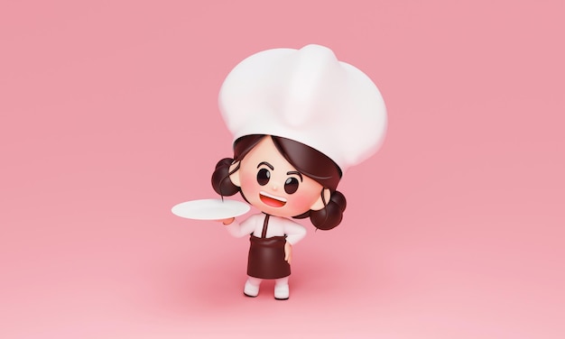 Foto gratuita linda chica chef en uniforme sosteniendo plato restaurante cocinero mascota sobre fondo rosa renderizado 3d