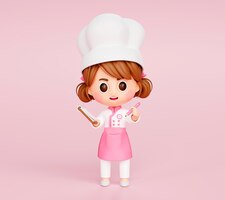 Foto gratuita linda chica chef en uniforme tomando orden restaurante mascota logo personaje sobre fondo rosa 3d ilustración dibujos animados