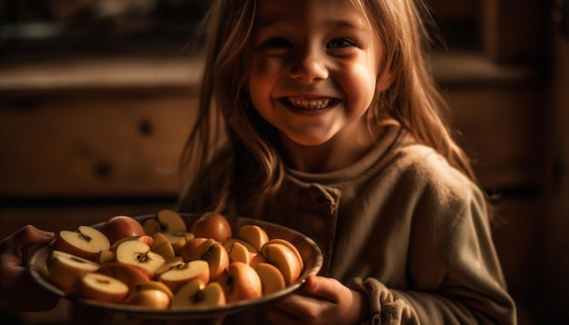 Linda chica disfrutando de un bocadillo de frutas saludable en el interior generado por IA