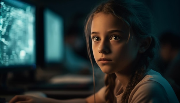 Linda chica estudiando con auriculares mirando el monitor de la computadora generado por AI
