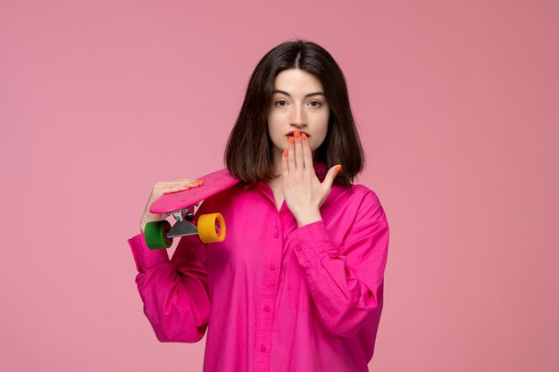 Linda chica hermosa joven morena en camisa rosa con lápiz labial rojo que cubre la boca