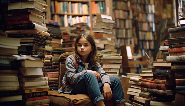 Linda chica leyendo literatura en el estante de la biblioteca generada por AI