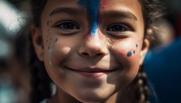 Linda chica con pintura facial muestra patriotismo al aire libre generado por IA