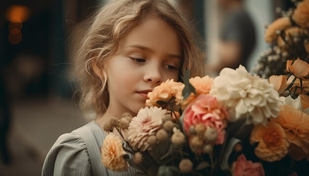 Una linda chica sosteniendo un ramo de flores generado por IA