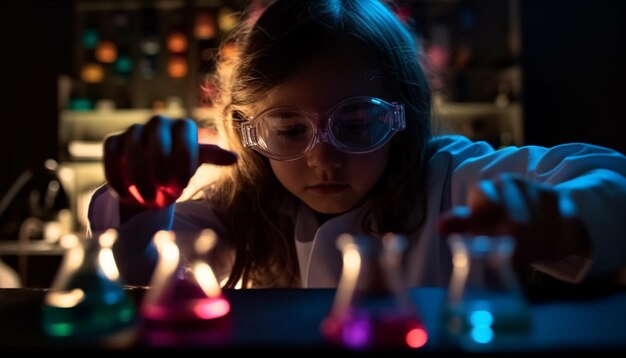 Linda colegiala estudiando ciencias con gafas protectoras generadas por IA