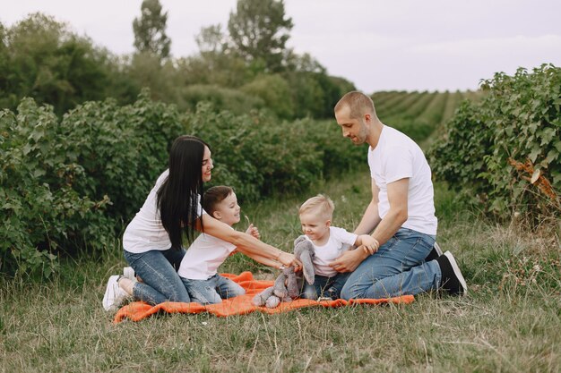 Linda familia jugando en un campo de verano