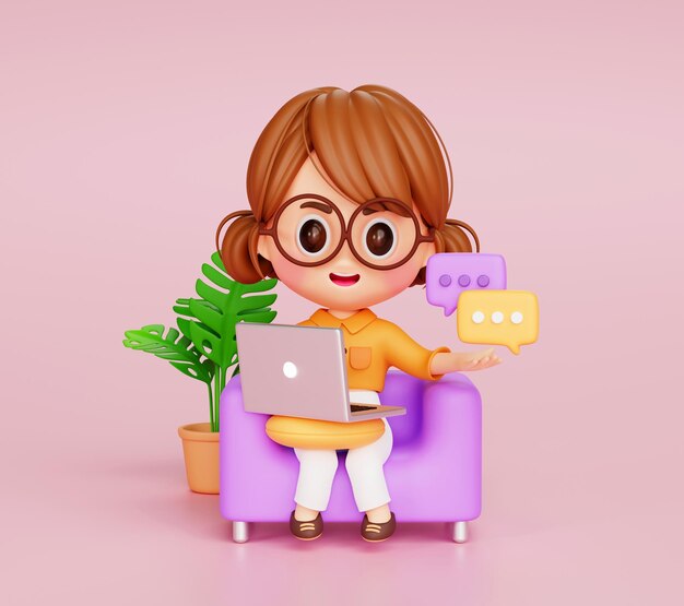 Linda joven empresaria que trabaja con una videoconferencia portátil comunicación en línea ilustración 3d personaje de dibujos animados