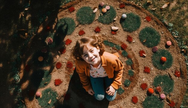 Linda niña pequeña jugando al aire libre sonriendo alegremente AI generativa