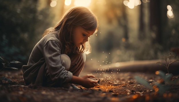 Una linda niña sonríe jugando en el bosque generada por IA