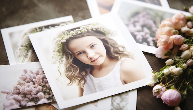 Linda niña sosteniendo un ramo de flores sonriendo al aire libre generado por IA