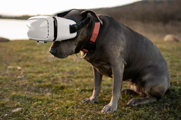 Linda pareja con gafas vr al aire libre