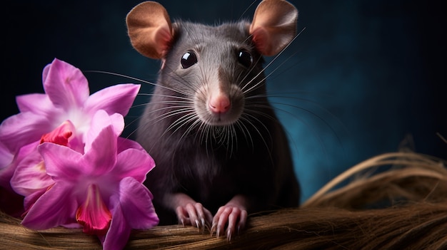 Linda rata con flores en el estudio.