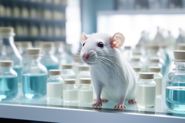 Linda rata en laboratorio con cristalería.