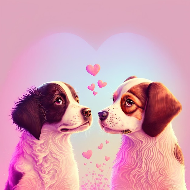 Foto gratuita linda tarjeta del día de san valentín con perros pug de dibujos animados besándose personajes generativos ai